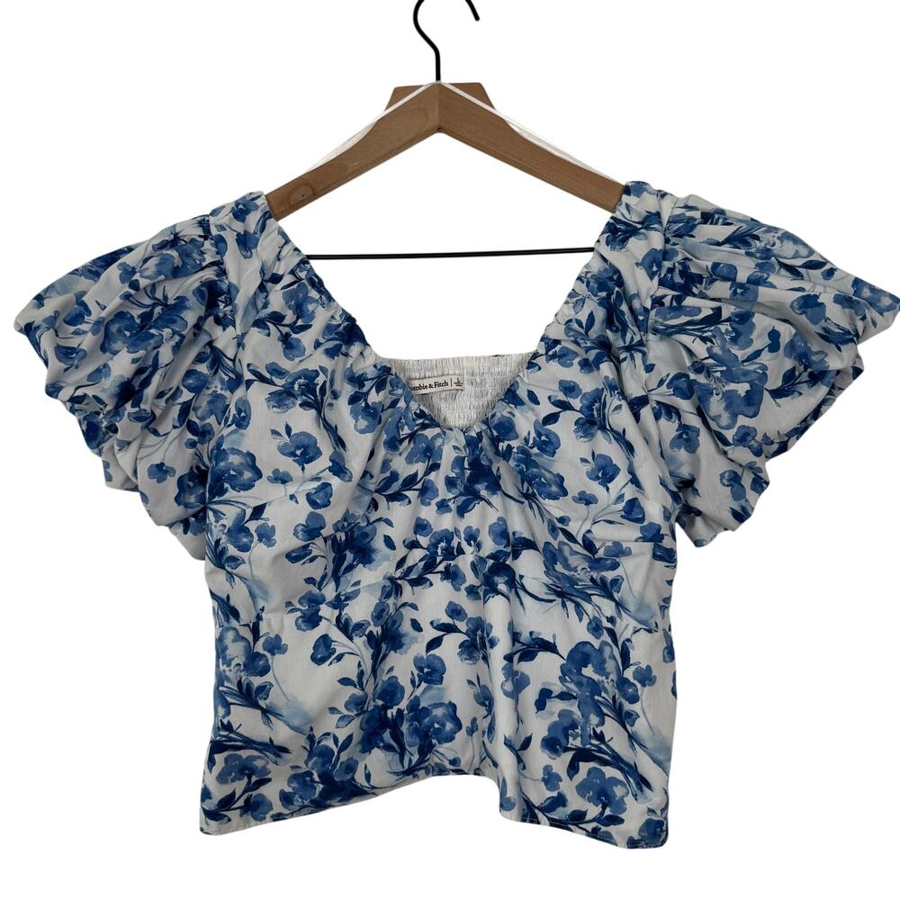 Abercrombie & Fitch Blue Floral Drama Puff Sleeve Poplin Top Size Large